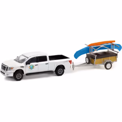Greenlight 32230-A Hitch & Tow Series 23 - 2019 Titan XD Pro-4X Whitewater Canoe Rental  with Canoe Trailer with Canoe Rack   ...