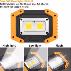 LED Construction Spotlight Battery 2 Sets, Rechargeable Spotlight With Battery 30W 2000LM, LED Work Light USB Portable