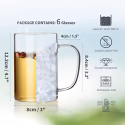 HORLIMER 16 oz Glass Coffee Mugs Set of 6  Clear Coffee Cup with Handle for Tea Cappuccino Latte Milk Juice Hot Beverages