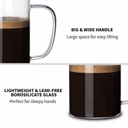 HORLIMER 16 oz Glass Coffee Mugs Set of 6  Clear Coffee Cup with Handle for Tea Cappuccino Latte Milk Juice Hot Beverages