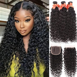Alimog Brazilian Water Wave Bundles with Closure(20 22 24+18) Ocean Wave Bundles with 4x4 Lace Closure Free Part Wet and Wavy Human Hair Weave Bundles