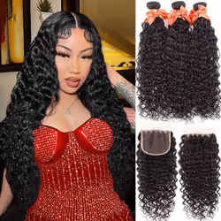 Water Wave Bundles and Closure Human Hair Wet and Wavy Bundles with Closure 10A Curly Bundles Human Hair with 4x4 Lace Closur ...