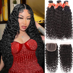 Water Wave Bundles and Closure Human Hair Wet and Wavy Bundles with Closure 10A Curly Bundles Human Hair with 4x4 Lace Closure Brazilian Virgin Hair B
