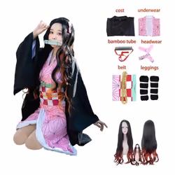 Adult Women Anime Demon Slayer Kamado Nezuko Cosplay Wig Long Curly Costume Kimono Costume Clothes Kids Girls - as the pictur ...