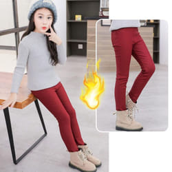 Girls Winter Warm Velvet Pencil Pants Tights Thick Fleece Lined Legging Trousers for Girls - wine red, XL