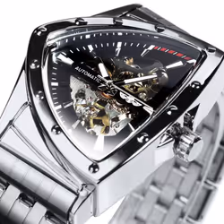 WINNER Triangle Skeleton Gold Black Watch for Men Automatic Mechanical Wristwatch Irregular Luxury Stainless Steel Strap - wh ...