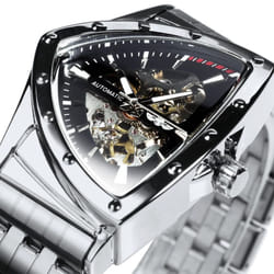 WINNER Triangle Skeleton Gold Black Watch for Men Automatic Mechanical Wristwatch Irregular Luxury Stainless Steel Strap - white,black