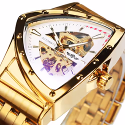 WINNER Triangle Skeleton Gold Black Watch for Men Automatic Mechanical Wristwatch Irregular Luxury Stainless Steel Strap - go ...