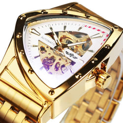 WINNER Triangle Skeleton Gold Black Watch for Men Automatic Mechanical Wristwatch Irregular Luxury Stainless Steel Strap - gold,white