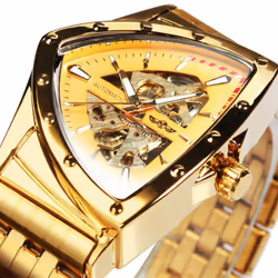 WINNER Triangle Skeleton Gold Black Watch for Men Automatic Mechanical Wristwatch Irregular Luxury Stainless Steel Strap - go ...