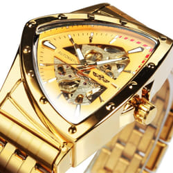 WINNER Triangle Skeleton Gold Black Watch for Men Automatic Mechanical Wristwatch Irregular Luxury Stainless Steel Strap - gold