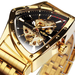 WINNER Triangle Skeleton Gold Black Watch for Men Automatic Mechanical Wristwatch Irregular Luxury Stainless Steel Strap - gold,black