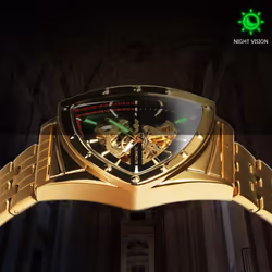 WINNER Triangle Skeleton Gold Black Watch for Men Automatic Mechanical Wristwatch Irregular Luxury Stainless Steel Strap - gold,black