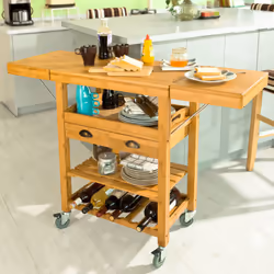 SoBuyÂ® FKW25-N, Extendable Bamboo Kitchen Storage Trolley with 2 Folding Hinged Side Boards