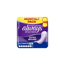 Always Discreet Incontinence Pads Women, Ultimate Day, Absorbency 6, 48 Sanitary Towels (12 x 4 Packs), Extra Secure Bladder Weakness Pads Women, Odo