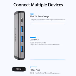 Vention Type-C to HDMI/USB3.0*3/PD Converter 0.15M Gray Metal Type