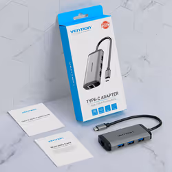 Vention Type-C to HDMI/USB3.0*3/RJ45/PD Converter 0.15M Gray Metal Type