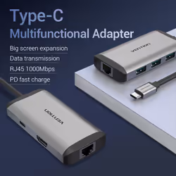 Vention Type-C to HDMI/USB3.0*3/RJ45/PD Converter 0.15M Gray Metal Type