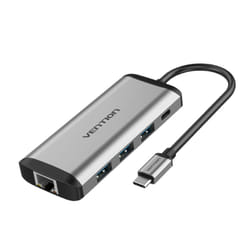 Vention Multi-function Type-C to HDMI/USB3.0*3/TF/SD/RJ45/3.5mm/PD Docking Station 0.15m Gray Metal Type