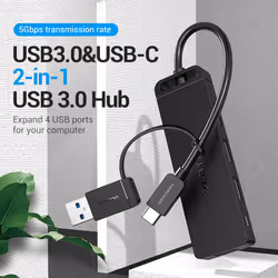 Vention 4-Port USB 3.0 Hub with USB-C & USB 3.0 2-in-1 Interface and Power Supply 0.15M ABS Type