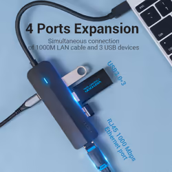 Vention USB-C to USB 3.0*3/RJ45/Micro-B HUB 0.15M Black ABS Type