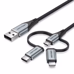 Vention USB 2.0 A Male to 3-in-1 Micro-B&USB-C&Lightning Male Cable 1M Gray Aluminum Alloy Type, Grey, USB A, Lightning + mic ...