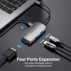 Vention USB-C to HDMI/VGA/USB 3.0/PD Docking Station 0.15M Gray Aluminum Alloy Type