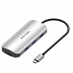 Vention USB-C to HDMI/VGA/USB 3.0x3/PD Docking Station 0.15M Gray Aluminum Alloy Type, Wired, USB 3.2 Gen 1 (3.1 Gen 1) Type- ...