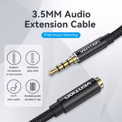 Vention Cotton Braided TRRS 3.5mm Male to 3.5mm Female Audio Extension Cable 3M Black Aluminum Alloy Type