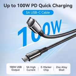 Vention Cotton Braided USB 2.0 C Male to C Male 5A Cable 1.2M Black Zinc Alloy Type