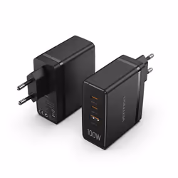 Vention 3-Port USB (C+C+A) GaN Charger (100W/100W/30W) EU-Plug Black, AC, Black