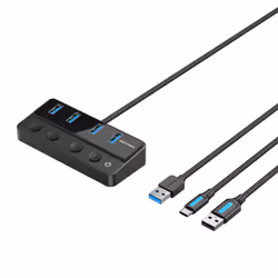 Vention USB 3.0 to USB 3.0 x4+USB C Hub With Individual Power Switches 1M Black, USB 3.2 Gen 1 (3.1 Gen 1) Type-A, USB 3.2 Ge ...