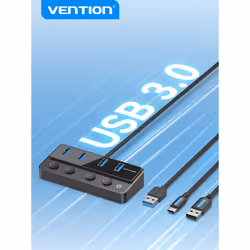 Vention USB 3.0 to USB 3.0 x4+USB C Hub With Individual Power Switches 1M Black
