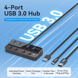 Vention USB 3.0 to USB 3.0 x4+USB C Hub With Individual Power Switches 1M Black