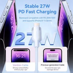 Vention USB Type C PD 27W Cable for iPhone 15 14 13 12 Pro X 8 Fast USB C Cable for iPhone Charging Cable USB Type C Cable Wire - 1m, White