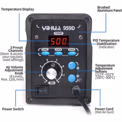 NEW-OPENED BOX YIHUA 959D Hot Air Rework Station for SMD Soldering 3 Memory 959D-9Pcs