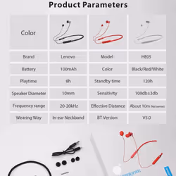 Lenovo HE05 Neckband In-ear Earphone Wireless bluetooth 5.0 Headphone With Mic Noise Cancelling - Black