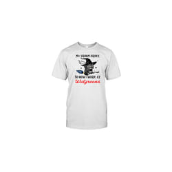 Grumpy Witch Cat My Broom Broke So Now I Work At Walgreens Halloween T-Shirt - XL
