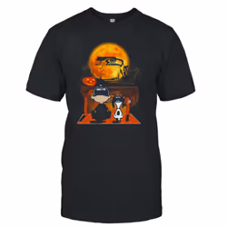 Snoopy And Charlie Brown Seattle Seahawks Sitting Under Moon Halloween 2023 T-shirt - S
