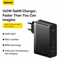 Baseus GaN5 Pro Fast Charger Dual Type C+USB 140W Charger for iPhone Xiaomi Laptop Tablet - black