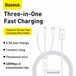 Baseus Superior Series Fast Charging Data Cable USB to M+L+C 3.5A - white, 0.5m