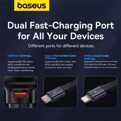 Baseus Enjoyment Pro 55W Car Charger U with Retractable Type-C Cable - USB+Type-C, 66W