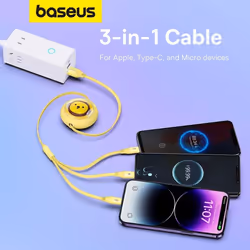 Baseus Leo Retractable Charging Cable 3-in-1 USB to M+L+C 3.5A - yellow, 1.1m