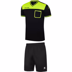 Kelme Mens Short Sleeve Sports Football T-Shirt Shorts Referee Set Kit - M, Black/Green