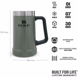 Stanley Adventure Vacuum Keeps Cold for 7 Hours-Stainless Steel Beer Stein with Handle, Hammertone Green, 0.7L