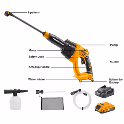 INGCO Cordless Pressure Washer 20V Lithium-Ion Power Washer with Battery and Charger 24.8Bar Pressure 2.2L/min Flow Rate 6-way Nozzle 6M Hose