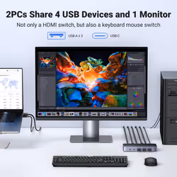 KVM Switch HDMI 4K@60Hz, USB 3.0 Switch, 4 Port USB Switcher [1 USB C and 3 USB A Port] Sharing Keyboard Mouse Hard Drives Printer, KVM Switch 2 PC 1