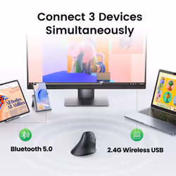Ergonomic Vertical Mouse, 2.4GHz Wireless or Bluetooth, 1000/1600/2000/4000DPI, 5 Buttons, Connects Up to 3 Mac/PC Computers, 75 Ergonomic Angle,