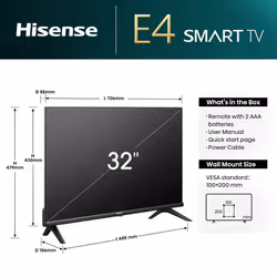 32 Inch Smart TV 32E4NTUK - HD Resolution, Natural Colour Enhancer, DTS Virtual:X & Dolby Audio, AI Sports Mode, VIDAA OS with Youtube, Netflix and