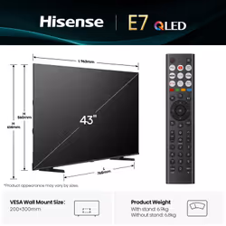 Hisense 43E7QTUK TV 109.2 cm (43") 4K Ultra HD Smart TV Wi-Fi Black 275 cd/m²